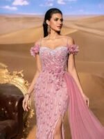 SD3220 Off-Shoulder Pearl & Beaded Slit Gown
