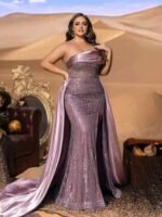 SD3256 Off-Shoulder Sequin Gown with Satin Trail - Image 4