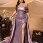 SD3256 Off-Shoulder Sequin Gown with Satin Trail