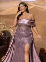 SD3256 Off-Shoulder Sequin Gown with Satin Trail - Image 5
