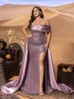 SD3256 Off-Shoulder Sequin Gown with Satin Trail - Image 7
