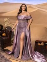 SD3256 Off-Shoulder Sequin Gown with Satin Trail - Image 3