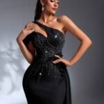 SD3171 Black Asymmetrical 3D Floral Maxi Dress