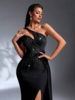 SD3171 Black Asymmetrical 3D Floral Maxi Dress