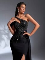 SD3171 Black Asymmetrical 3D Floral Maxi Dress - Image 6