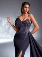 SD3187 Luxe Pearl & Rhinestone Side-Ruffle Gown