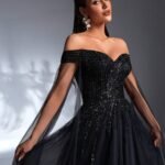 SD3183 Black Off-Shoulder Sequin Flared Gown