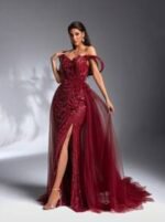 SD3173 Luxury Burgundy 3D Floral Trailing Gown - Image 3