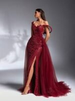 SD3173 Luxury Burgundy 3D Floral Trailing Gown - Image 4