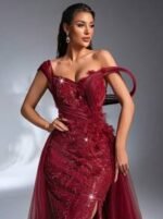 SD3173 Luxury Burgundy 3D Floral Trailing Gown - Image 2