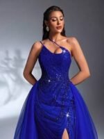 SD3207 Deep V-Neck Beaded Flared Mesh Gown - Image 10