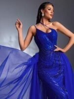 SD3207 Deep V-Neck Beaded Flared Mesh Gown - Image 8