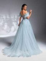 SD3198 Light Blue Floral Off-Shoulder Mesh Gown - Image 7