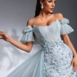 SD3198 Light Blue Floral Off-Shoulder Mesh Gown