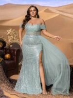 SD3241 Off-Shoulder Sequined Slit Gown - Image 9