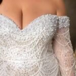 SD3261 Off-Shoulder Beaded Gown with Sheer Sleeves