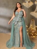 SD3242 One-Shoulder Emerald Beaded Gown with Tulle Overlay - Image 11