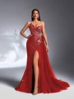 SD3180 Red Asymmetric Bustier Sequin Gown - Image 2