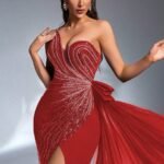 SD3180 Red Asymmetric Bustier Sequin Gown