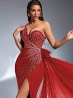 SD3180 Red Asymmetric Bustier Sequin Gown