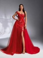 SD3205 Red 3D Floral Sequin Trailing Gown - Image 3