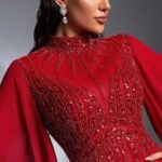 SD3176 Burgundy Lantern Sleeve Sequin Gown