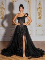 SD3193 Black 3D Beaded Mesh Splice Gown - Image 4
