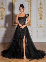 SD3193 Black 3D Beaded Mesh Splice Gown - Image 6