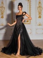 SD3193 Black 3D Beaded Mesh Splice Gown - Image 8