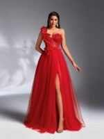 SD3195 Red 3D Shoulder Floral Mesh Gown