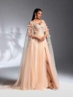 SD3208 Cloak Sleeve 3D Floral Mesh Gown - Image 8
