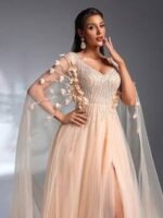 SD3208 Cloak Sleeve 3D Floral Mesh Gown - Image 11