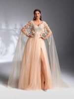 SD3208 Cloak Sleeve 3D Floral Mesh Gown - Image 4