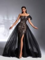 SD3200 Black & Gold Contrast 3D Shoulder Gown - Image 6