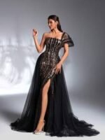 SD3200 Black & Gold Contrast 3D Shoulder Gown - Image 10