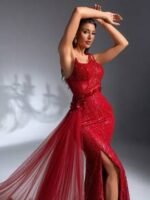 SD3199 Pearl Lace Asymmetrical Fishtail Gown - Image 8