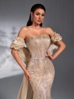 SD3203 Champagne Asymmetric Bustier 2-Piece Gown - Image 4