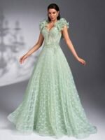 SD3190 Spring Green Handmade Applique Flared Gown - Image 7