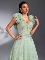 SD3190 Spring Green Handmade Applique Flared Gown - Image 10