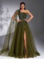 SD3169 Luxe Olive One-Shoulder Sequin Gown - Image 2
