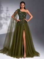 SD3169 Luxe Olive One-Shoulder Sequin Gown - Image 3