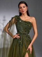 SD3169 Luxe Olive One-Shoulder Sequin Gown - Image 10