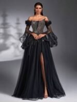 SD3192 Black Asymmetric Beaded Sheer Flared Gown - Image 4