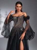 SD3192 Black Asymmetric Beaded Sheer Flared Gown - Image 11