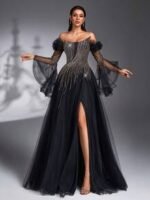 SD3192 Black Asymmetric Beaded Sheer Flared Gown - Image 7