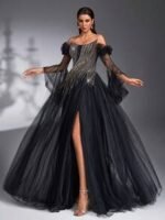 SD3192 Black Asymmetric Beaded Sheer Flared Gown - Image 8