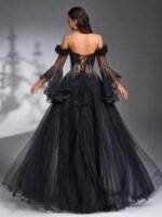 SD3192 Black Asymmetric Beaded Sheer Flared Gown - Image 3