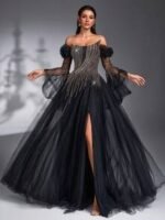 SD3192 Black Asymmetric Beaded Sheer Flared Gown - Image 9
