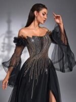 SD3192 Black Asymmetric Beaded Sheer Flared Gown - Image 10