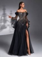 SD3192 Black Asymmetric Beaded Sheer Flared Gown - Image 6